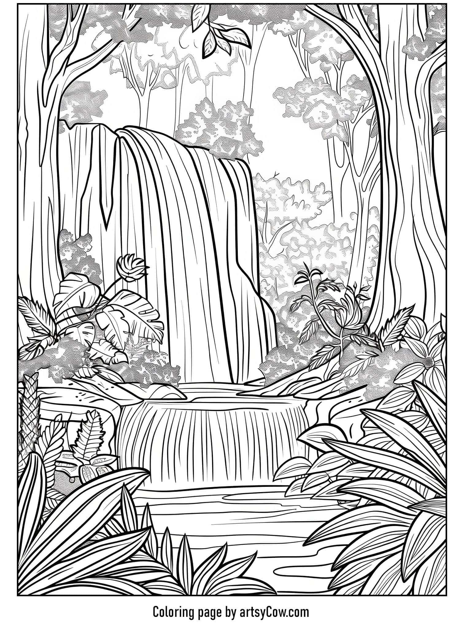 a cascading waterfall set amid a lush jungle with detailed trees and foliage